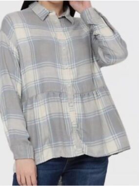 American Eagle Light Blue and Cream Plaid Button-Up Babydoll Top Size XS